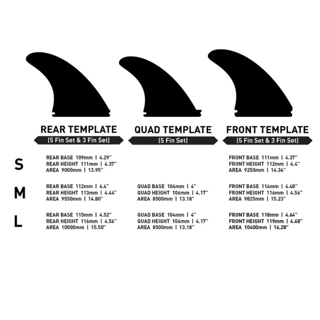 Tabla comparativa de medidas del set Firewire Velox: base, altura y área de las plantillas trasera, quad y delantera en tallas S, M y L.