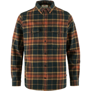 Vista frontal de la camisa Fjällräven Övik Twill Shirt M color autumn leaf dark navy de franela orgánica con cierre de botones.