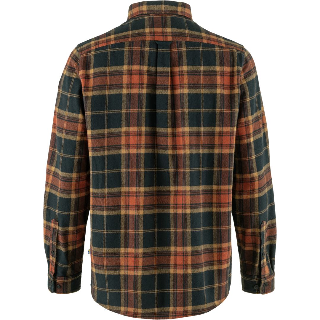 Vista trasera de la camisa Fjällräven Övik Twill Shirt M color autumn leaf dark navy con patrón de cuadros.