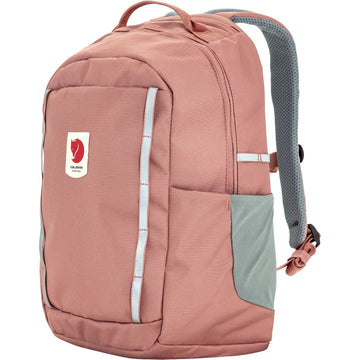 Vista lateral mochila infantil Fjällräven Skule Kids dusty rose con bolsillo elástico lateral y panel trasero transpirable.