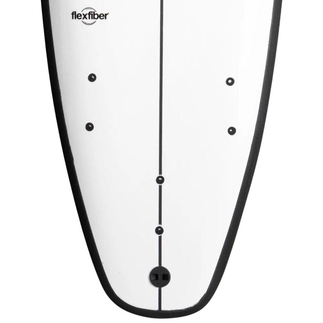 Detalle de la cola de la tabla de surf Flysurf Cold Hawaii 8.0 con logo Flex-Fiber y sistema de quillas VPS.