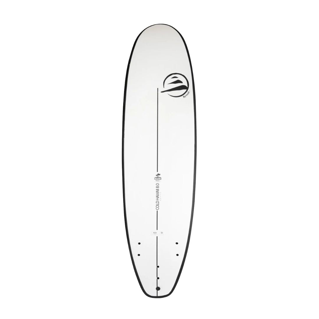 Tabla de surf Flysurf Cold Hawaii 8.0 vista superior con logo Flysurf y diseño blanco con cantos negros.