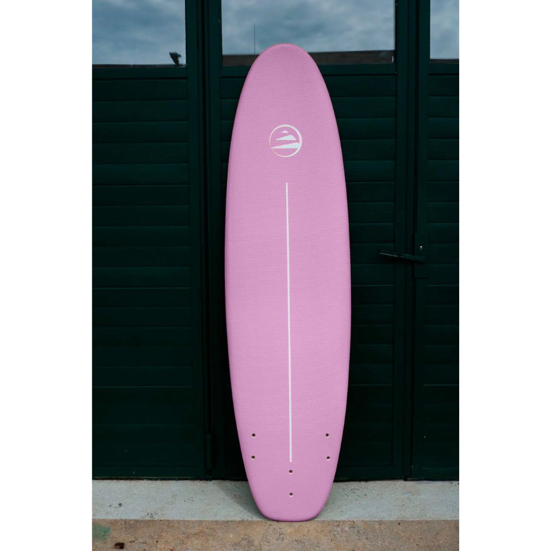 Flysurf Sea Calling 7.2 tabla de surf rosa vista completa del deck con línea central blanca y logo Flysurf, tabla softboard funboard para surfistas principiantes.