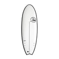 Tabla de surf evolutiva Flysurf The Traveller 6.6 blanca vista superior con outline negro y diseño minimalista para surfistas en progresión.
