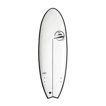 Tabla de surf evolutiva Flysurf The Traveller 6.6 blanca vista superior con outline negro y diseño minimalista para surfistas en progresión.