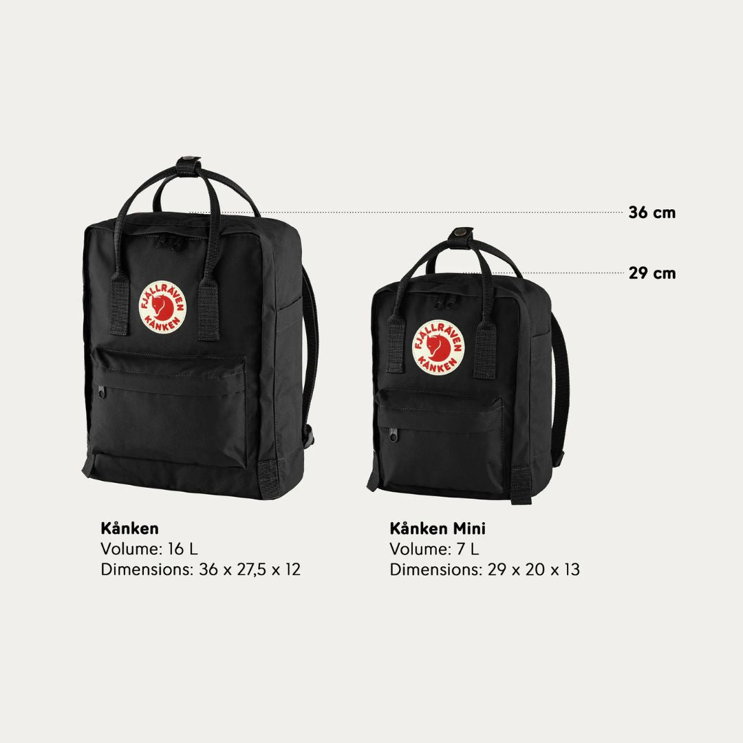 Comparativa entre mochila Fjällräven Kånken 16L y Kånken Mini 7L en color negro, vista frontal con medidas: 36 cm la Kanken y 29 la Mini
