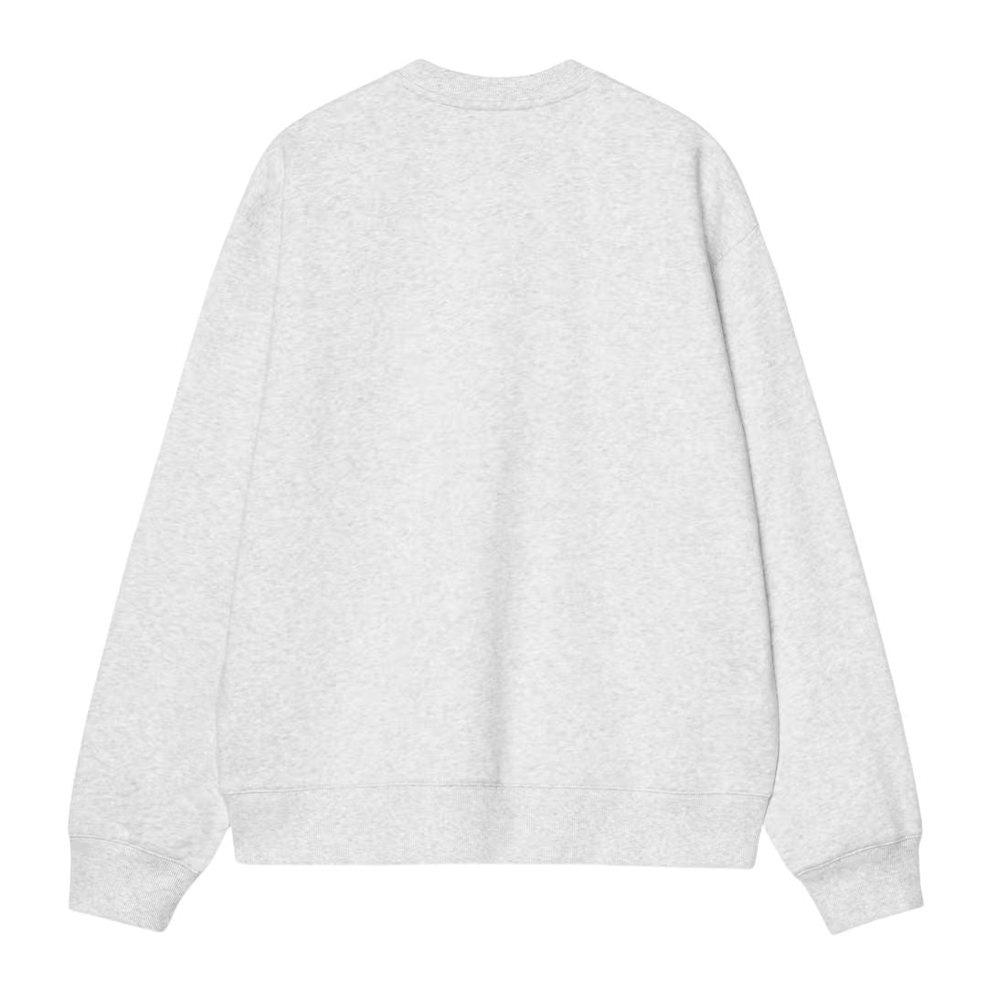 Carhartt WIP Mack Sweatshirt en Ash Heather, vista trasera en plano sobre fondo blanco. Sudadera balloon fit en gris jaspeado con hombros caídos y ribetes acanalados.