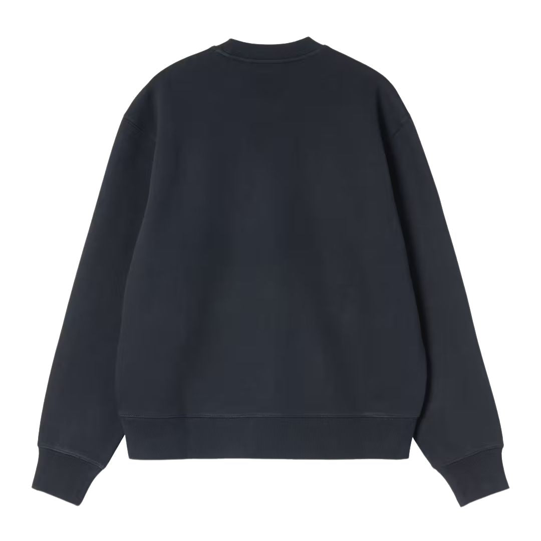 Carhartt WIP Mack Sweatshirt en Dark Navy, vista trasera en plano sobre fondo blanco. Sudadera balloon fit con hombros caídos, cuello y puños acanalados.