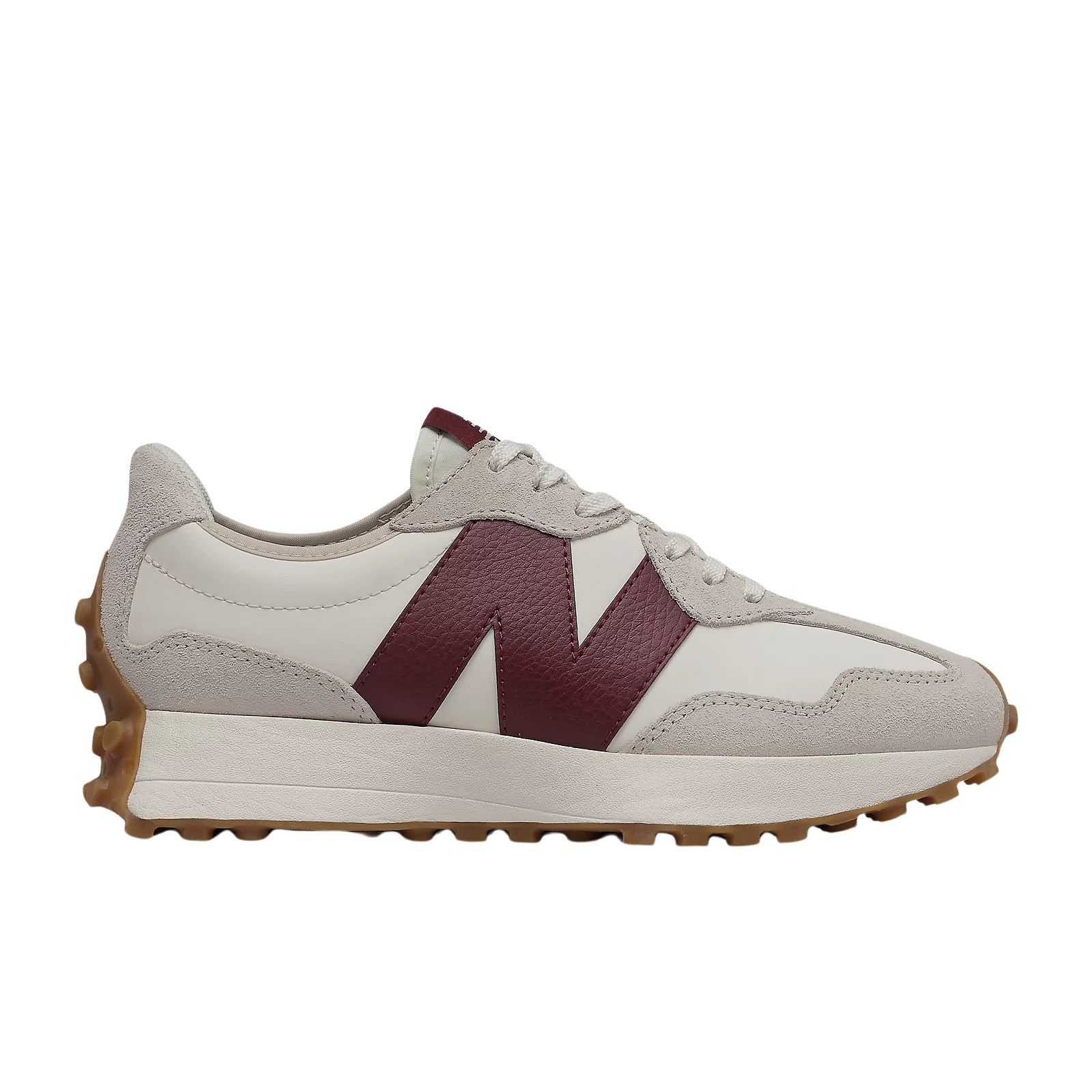 Zapatillas New Balance 327 en color Blanco Moonbeam con la "N" en Granate Classic Burgundy, vista lateral izquierda.