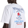 Detalle estampado trasero camiseta New Balance Lobster Roll blanca: langosta roja en olla NB, textos Lobster Roll Bar, Boston's Finest y Taste of Coast.
