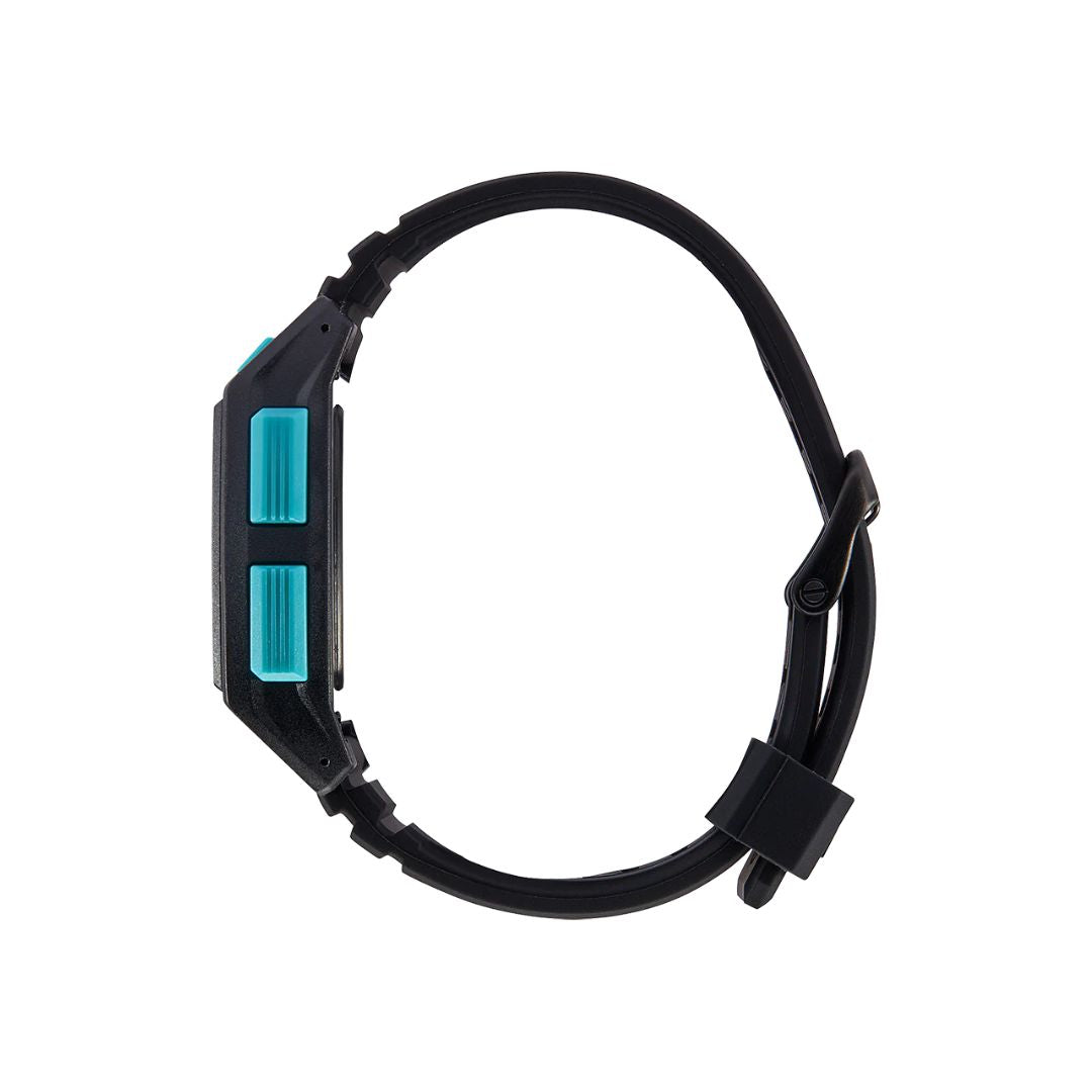 Vista lateral del reloj Nixon Base Tide Pro negro y azul mostrando los botones de control.