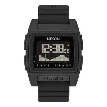 Reloj Nixon Base Tide Pro negro visto de frente, con pantalla digital y gráfico de mareas.