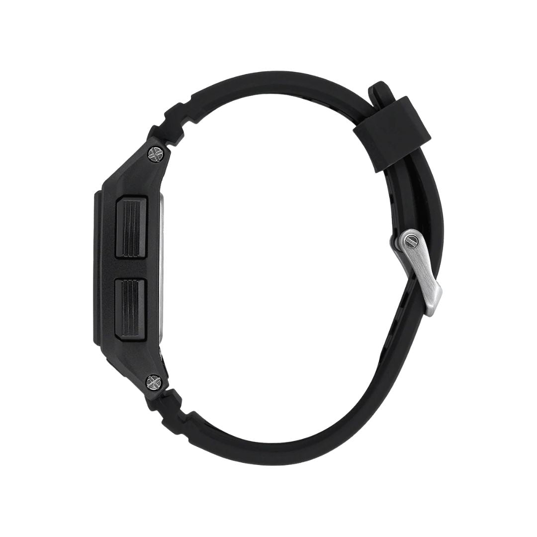 Vista lateral del reloj Nixon Base Tide Pro negro mostrando los botones de control.