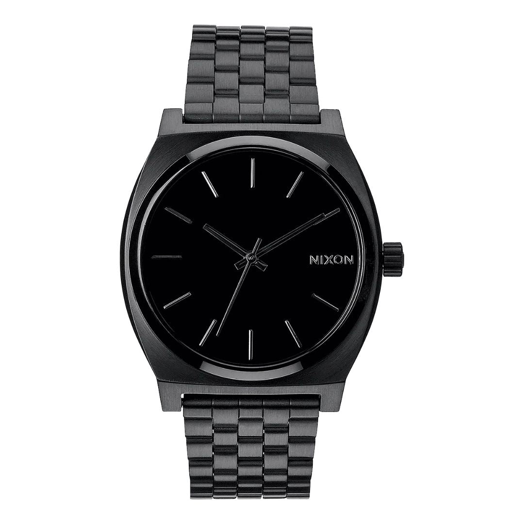 Reloj Nixon Time Teller All Black de acero inoxidable con esfera negra minimalista y pulsera metálica.