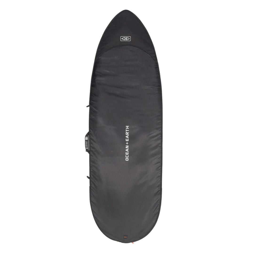 Vista trasera funda Ocean & Earth COR_X Fish Day Cover negra con logo central y diseño completo para tabla fish.