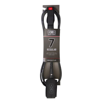 Leash de surf Ocean & Earth Diamond Flex Regular 7'0" en color Black con su packaging original, indicando medida 7' y oleaje máximo de 8ft.