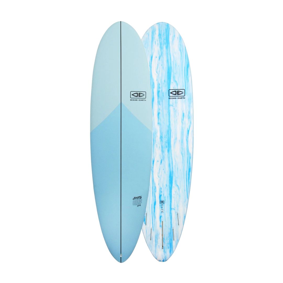 abla de surf softboard Ocean & Earth Happy Hour Epoxy Soft 7'0" en color SkyBlue, vista de deck y bottom con degradado azul y estampado jaspeado en la base.