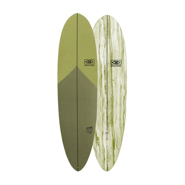 Tabla de surf softboard Ocean & Earth Happy Hour Epoxy Soft 7'0" en color Olive, vista de deck y bottom con acabado bicolor verde y estampado jaspeado en la parte inferior.