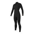 Traje de surf O'Neill Hyperfreak Plus 5/4mm Chest Zip de mujer en negro, vista frontal de cuerpo entero con el panel de neopreno TB3X y silueta general del traje.
