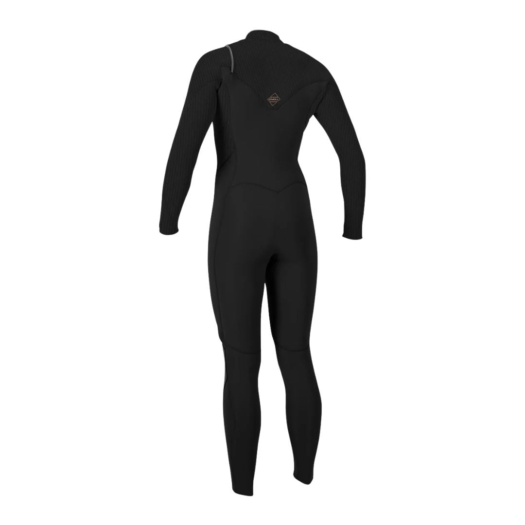 Traje de neopreno integral O'Neill Hyperfreak Plus 5/4mm en negro, vista trasera completa mostrando las rodilleras Krypto Knee Padz y el ajuste en piernas.