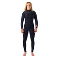 Traje de neopreno O'Neill Hyperfreak Plus 5/4mm Chest Zip en negro, vista frontal con el cierre de pecho F.U.Z.E. de cremallera flotante y el logo O'Neill en el pecho.