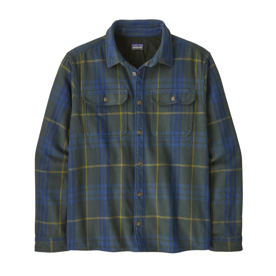 Camisa Patagonia Men's Fjord Loft Shirt color Netted Old Growth Green, vista frontal con estampado de cuadros verdes y azules.