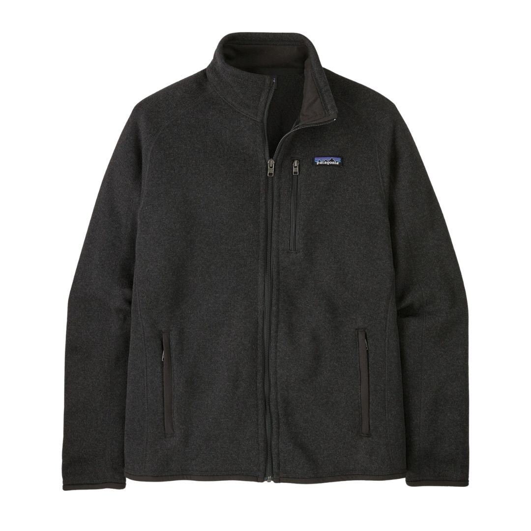 Chaqueta polar Patagonia Better Sweater en negro (Black) en plano de producto, mostrando el tejido de punto tipo jersey, los bolsillos con cremallera y los puños ribeteados.