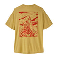 Patagonia Men's Capilene Cool Daily Shirt Cloud Crag en color limestone yellow, vista trasera de producto plano sin modelo, mostrando el estampado completo Cloud Crag de Vernan Kee: ilustración en línea roja del macizo del Fitz Roy entre nubes sobre fondo amarillo jaspeado