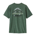 Patagonia Men's Capilene Cool Daily Shirt Great Waves en color Canopy Green - Light Canopy Green X-Dye, vista trasera de producto plano sin modelo, mostrando el estampado completo Great Pacific Patagonia Iron Works con ola de Hokusai en menta y coral sobre fondo azul jaspeado.