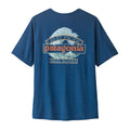 Patagonia Men's Capilene Cool Daily Shirt Great Waves en color clement blue light clement blue x-dye, vista trasera de producto plano sin modelo, mostrando el estampado completo Great Pacific Patagonia Iron Works con ola de Hokusai en menta y coral sobre fondo azul jaspeado.
