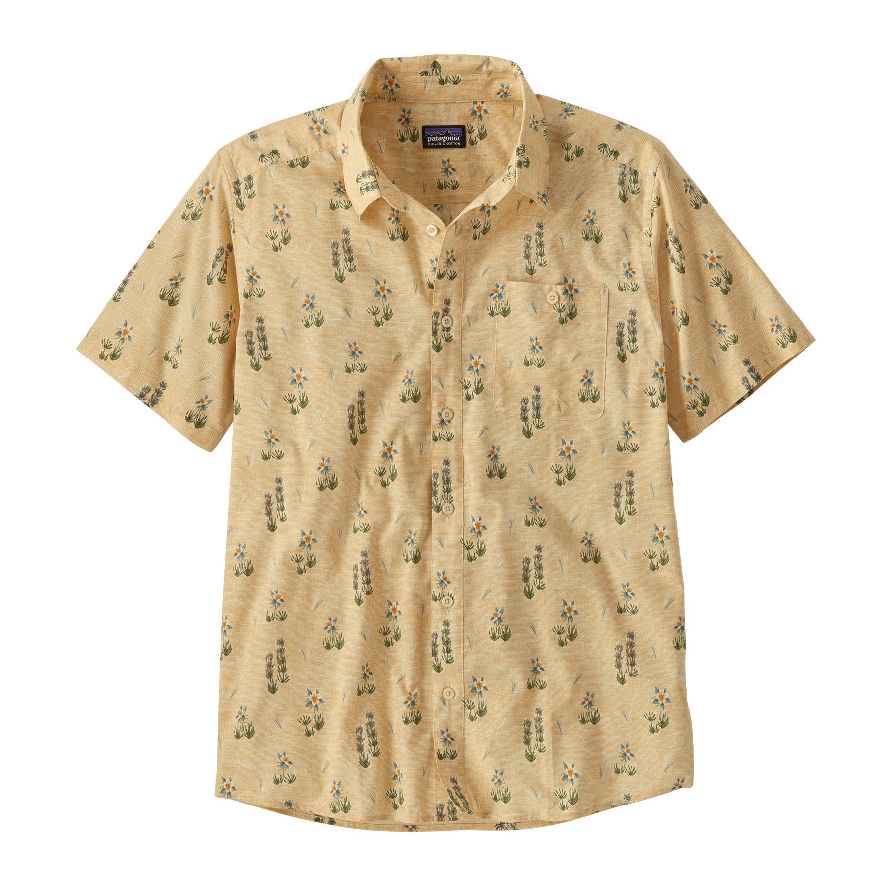 Camisa Patagonia Men's Go-To Shirt en color beige con estampado de flores silvestres, vista frontal plana.