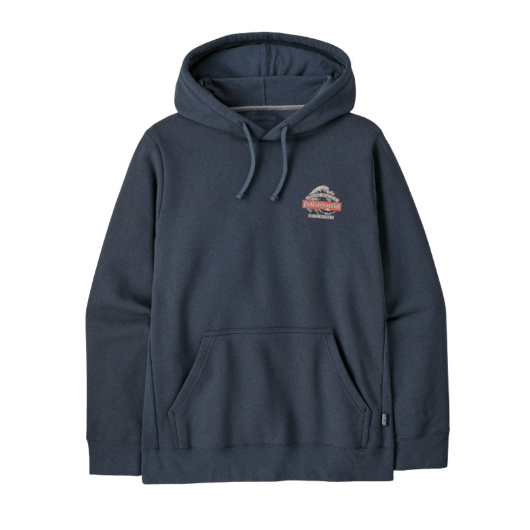 Sudadera con capucha Patagonia Great Waves Uprisal Hoody en azul marino, vista frontal con el logotipo Great Waves bordado en el pecho, cordones ajustables y bolsillo canguro delantero.