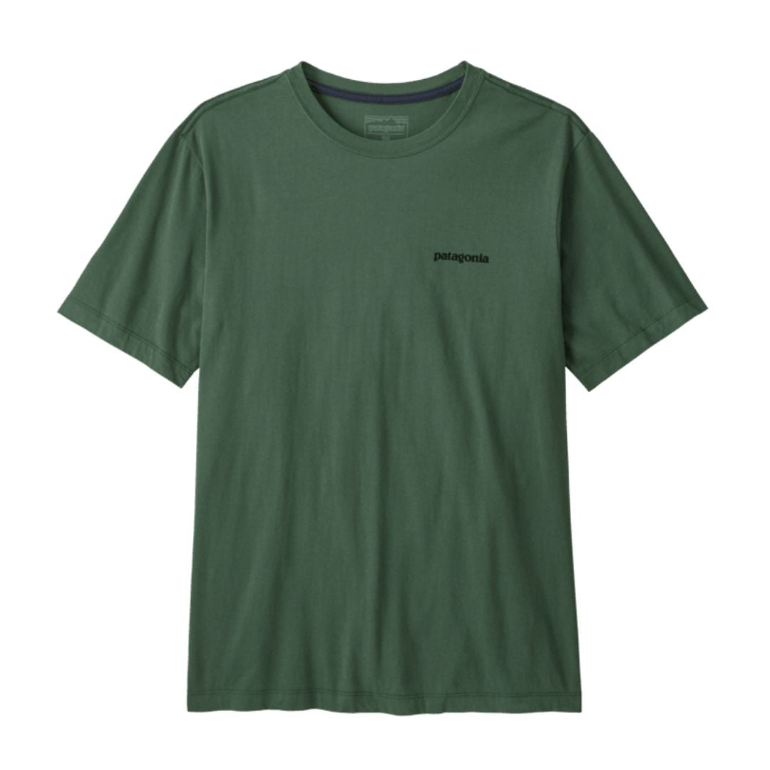 Camiseta Patagonia P-6 Logo T-Shirt en verde Canopy Green, vista frontal en plano sobre fondo blanco, mostrando el cuello redondo y el logotipo de texto Patagonia en el pecho.