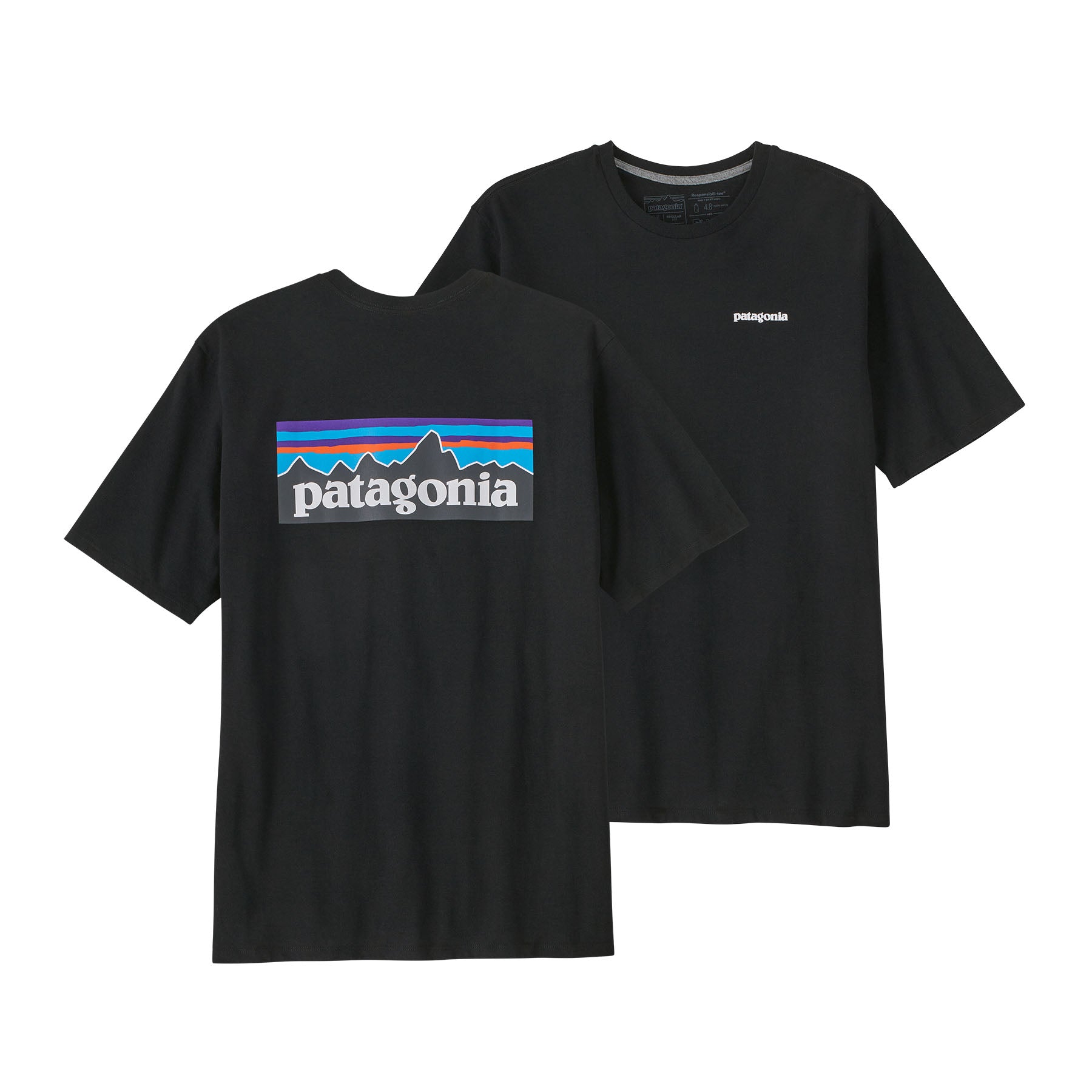 Camiseta negra Patagonia Men's P-6 Logo Responsibili-Tee, vista frontal y trasera mostrando el logotipo grande en la espalda.