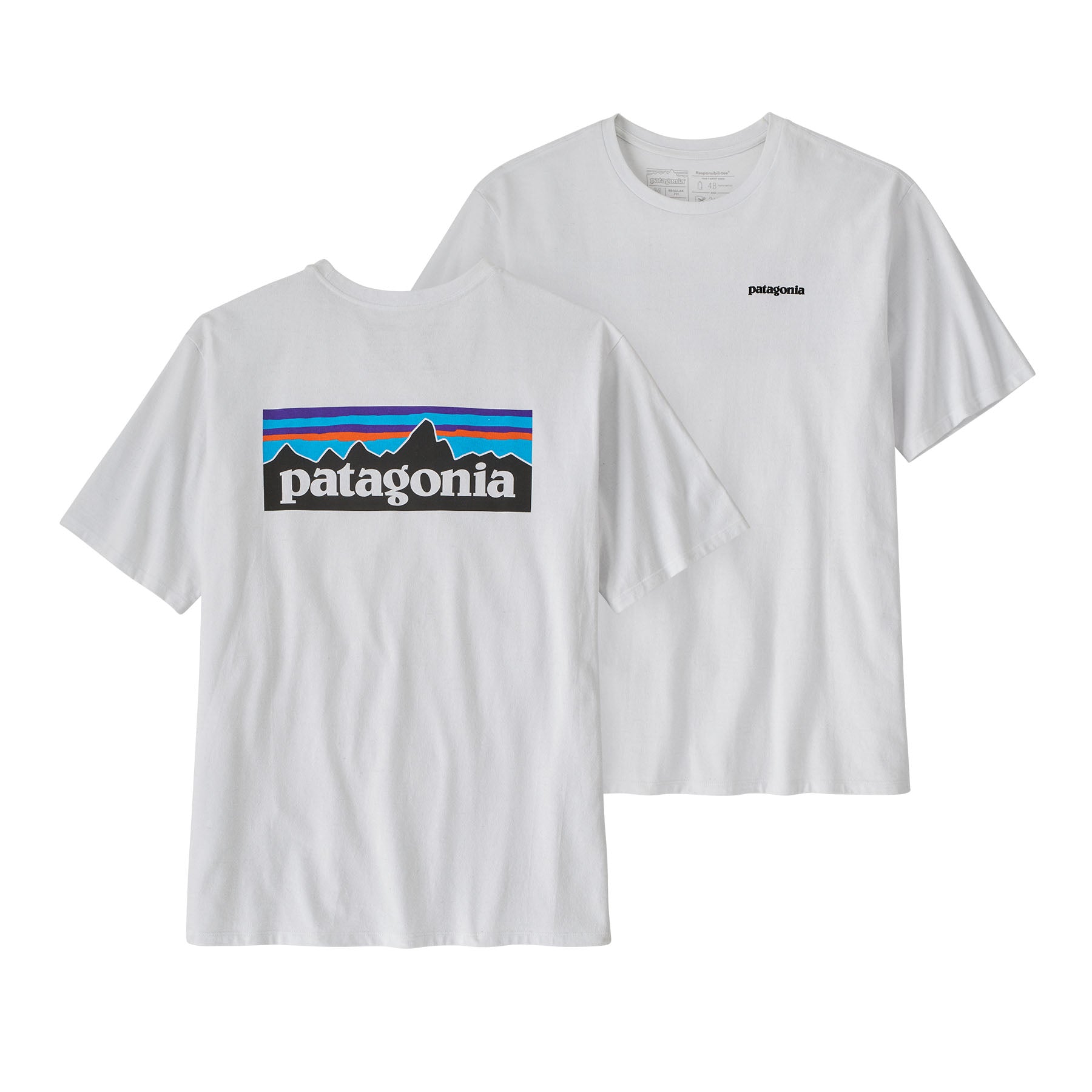 Camiseta blanca Patagonia Men's P-6 Logo Responsibili-Tee, vista frontal y trasera mostrando el logotipo grande en la espalda.