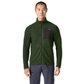 Chaqueta polar Patagonia R1 Air Fleece en color verde (Treeline Green), modelo visto de frente luciendo el cierre completo, el bolsillo de pecho y el cuello alto.