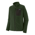 Chaqueta polar Patagonia R1 Air Fleece en color verde (Treeline Green), vista de perfil en plano cenital con el bolsillo de pecho, la cremallera frontal y la etiqueta Patagonia.
