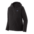 Vista detalle de la chaqueta Patagonia Men's R1® TechFace Hoody en color negro, resaltando los materiales resistentes y la capucha ajustable.