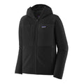 Chaqueta técnica Patagonia Men’s R2 TechFace Hoody color negro vista de producto en estudio con capucha y cremallera completa.