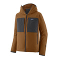 Chaqueta Patagonia R2 TechFace Hoody en Deer Brown en plano de producto, con la capucha extendida, la cremallera completa y el tejido texturizado de doble capa bien visible.