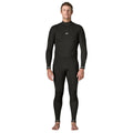 Vista frontal completa del traje de surf integral Patagonia Regulator 4/3 en negro, con cuello alto, cremallera en U y ajuste ceñido de cuerpo entero.