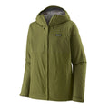 Patagonia Torrentshell 3L color Caper Green plana: chaqueta impermeable H2No® con capucha abierta, solapa frontal, bolsillos calientamanos y forro interior de tricot visible.