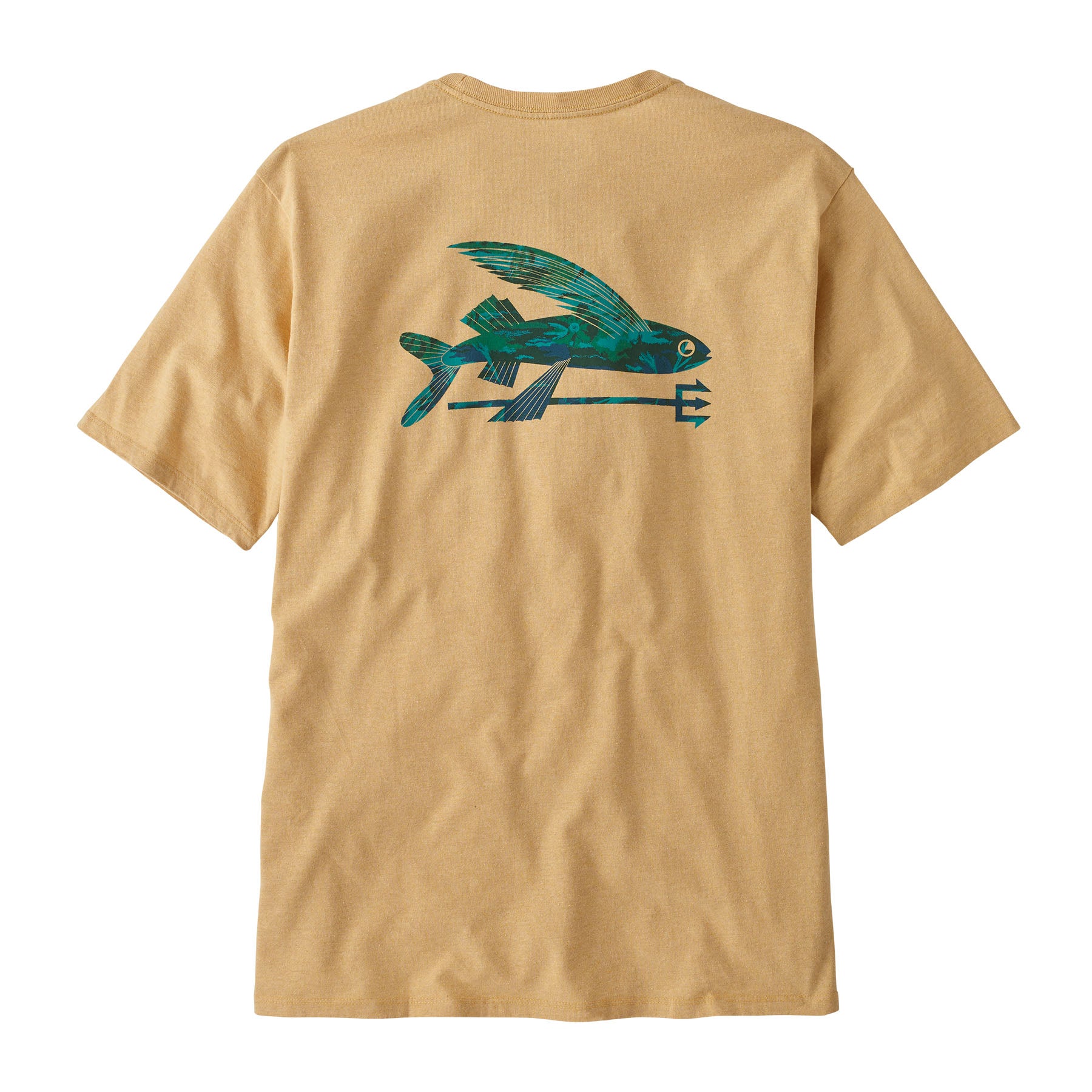 Vista trasera de la Patagonia M's Flying Fish Responsibili-Tee en color beige, con diseño gráfico de pez volador en tonos verdes y azules.