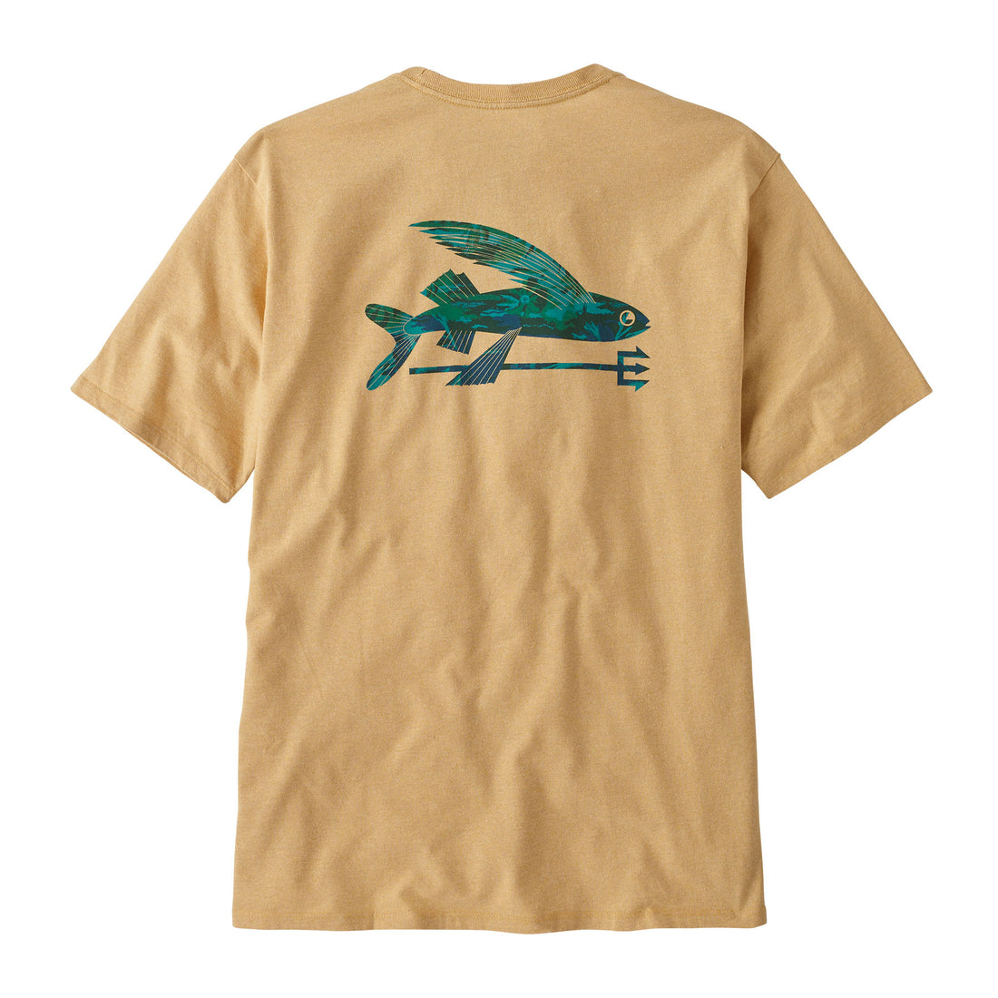 Vista trasera de la Patagonia M's Flying Fish Responsibili-Tee en color beige, con diseño gráfico de pez volador en tonos verdes y azules.
