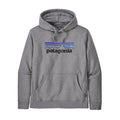 Sudadera Patagonia P‑6 Logo Uprisal Hoody en color Gravel Heather, vista frontal sin modelo con capucha ajustable y bolsillo canguro.