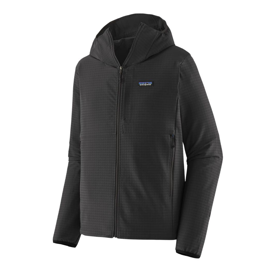 Patagonia R1® TechFace Hoody color negro, vista frontal: tejido doble en rejilla, cremallera completa, capucha con visera laminada, bolsillos calientamanos y parche logo P-6.
