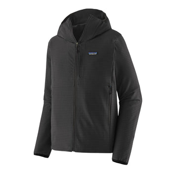 Patagonia R1® TechFace Hoody color negro, vista frontal: tejido doble en rejilla, cremallera completa, capucha con visera laminada, bolsillos calientamanos y parche logo P-6.