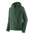 Patagonia R1 TechFace Hoody verde canopy, chaqueta técnica con capucha para hombre. Foto de producto sin modelo, con capucha semiabierta, cremallera frontal y bolsillos laterales con cremallera.