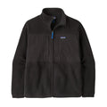 Patagonia Retro Pile Fleece Patch Jacket en color negro Black sobre fondo blanco: borreguillo de doble cara, bolsillos de pecho con cremallera vertical, parche Patagonia y tirador azul eléctrico.