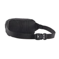 Patagonia Terravia Mini Hip Pack 1L en color negro, vista trasera de producto sin modelo, mostrando el panel trasero de airmesh transpirable de poliéster reciclado, el cinturón antideslizante de nailon reciclado y la hebilla de cierre ajustable.